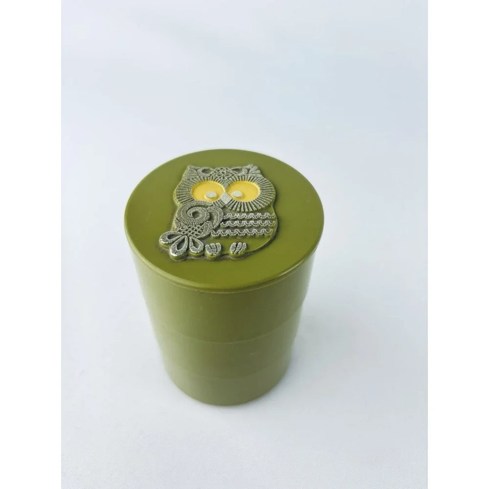 1970's Vintage Olive Green Owl Desk Accessory Trinket Compartment Jewelry Holder